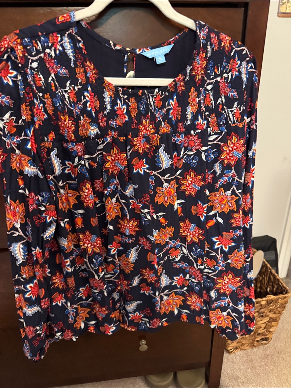 Draper James Navy Floral Peasant Blouse with Orange Accents